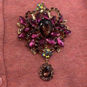 New Beautiful HUGE Rhinestone Brooch Pin Pendant 3.75"x2.75" Dangle Purple Gold